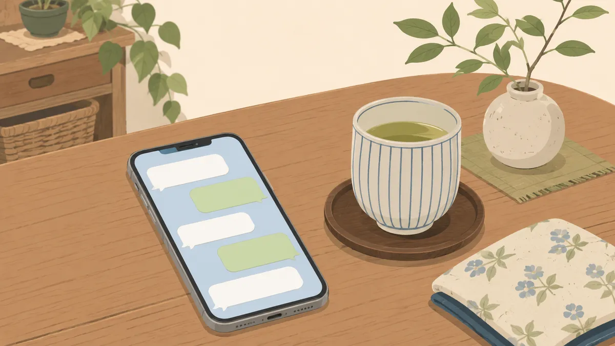 スマホのチャット画面に吹き出しが並び、横にお茶。シニア世代が普段使いで AI に話しかけている様子