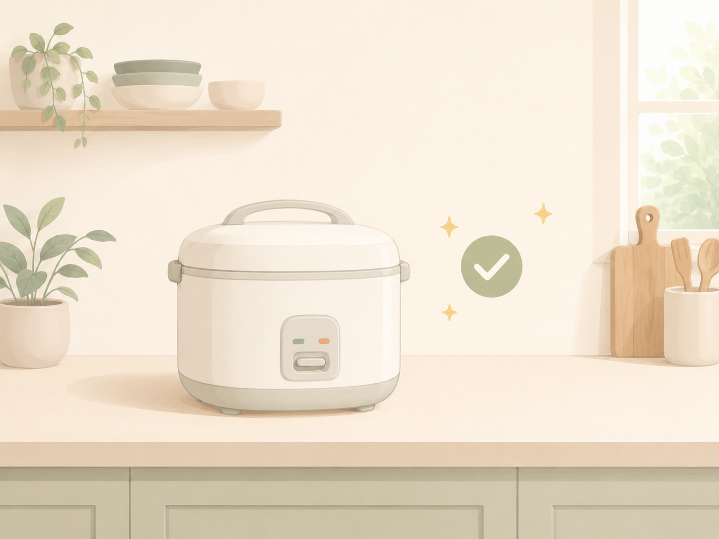 片付いたキッチンカウンターに、選び終わった炊飯器が1台。チェックマークがあり「迷わず決まった」様子