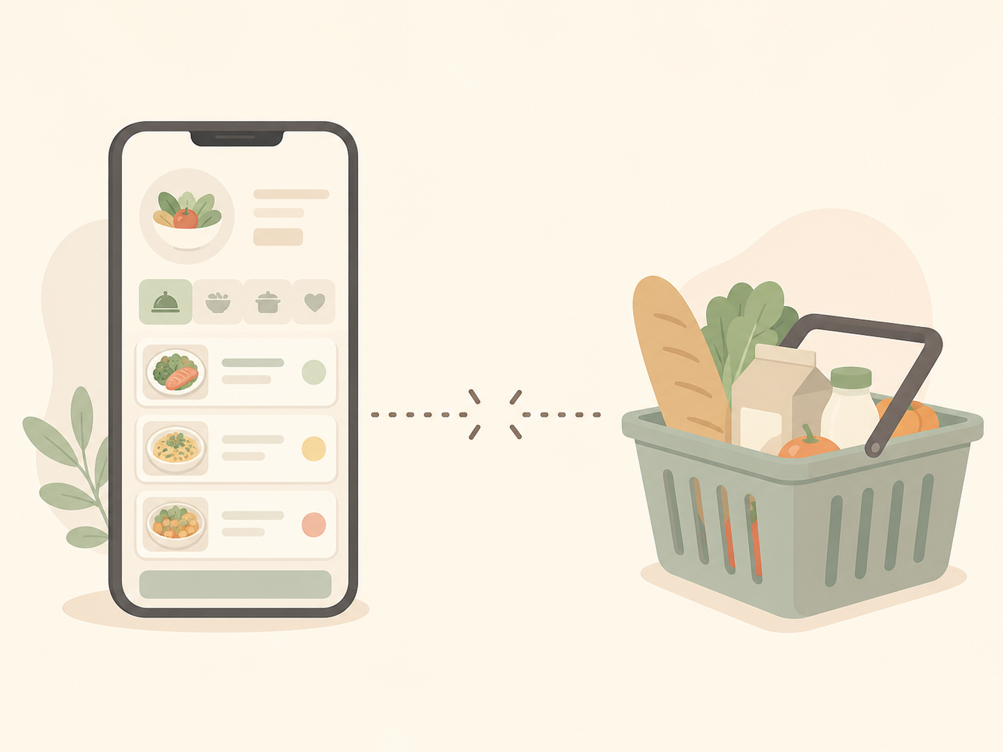 献立を決めるスマホのアプリと、買い物カゴ。その間が点線で途切れていて、自動連携(API)がつながらなかったことを表す図
