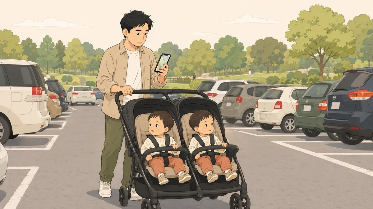 子連れで到着した公園の駐車場が混雑。スマホの地図で近くの別の駐車場を探している様子